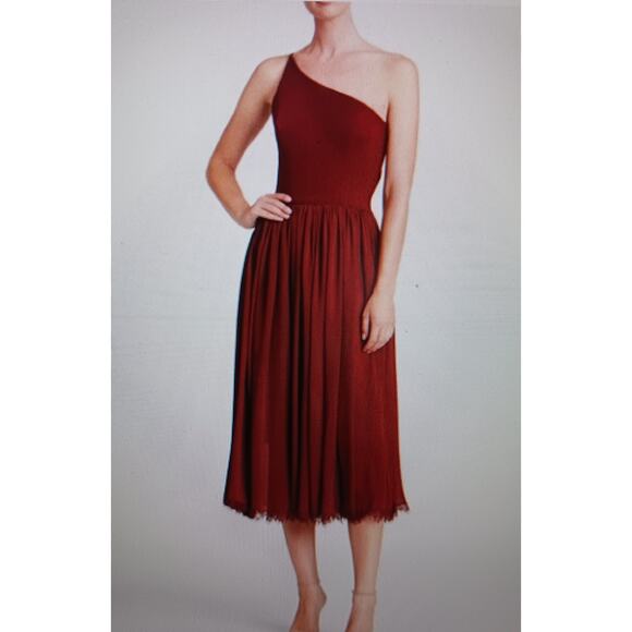 DRESS THE POPULATION ASYMMETRICAL BURGUNDY MIDI DRESS , size S - Picture 1 of 12